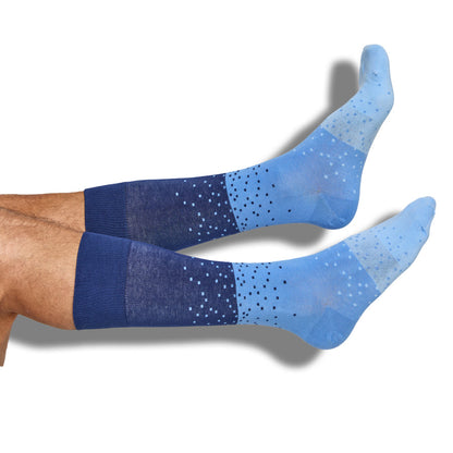 Navy Ombre Dot Dress Socks pair by DeadSoxy, team colorways with gradient blue dots on Tampa Home & Garden Store