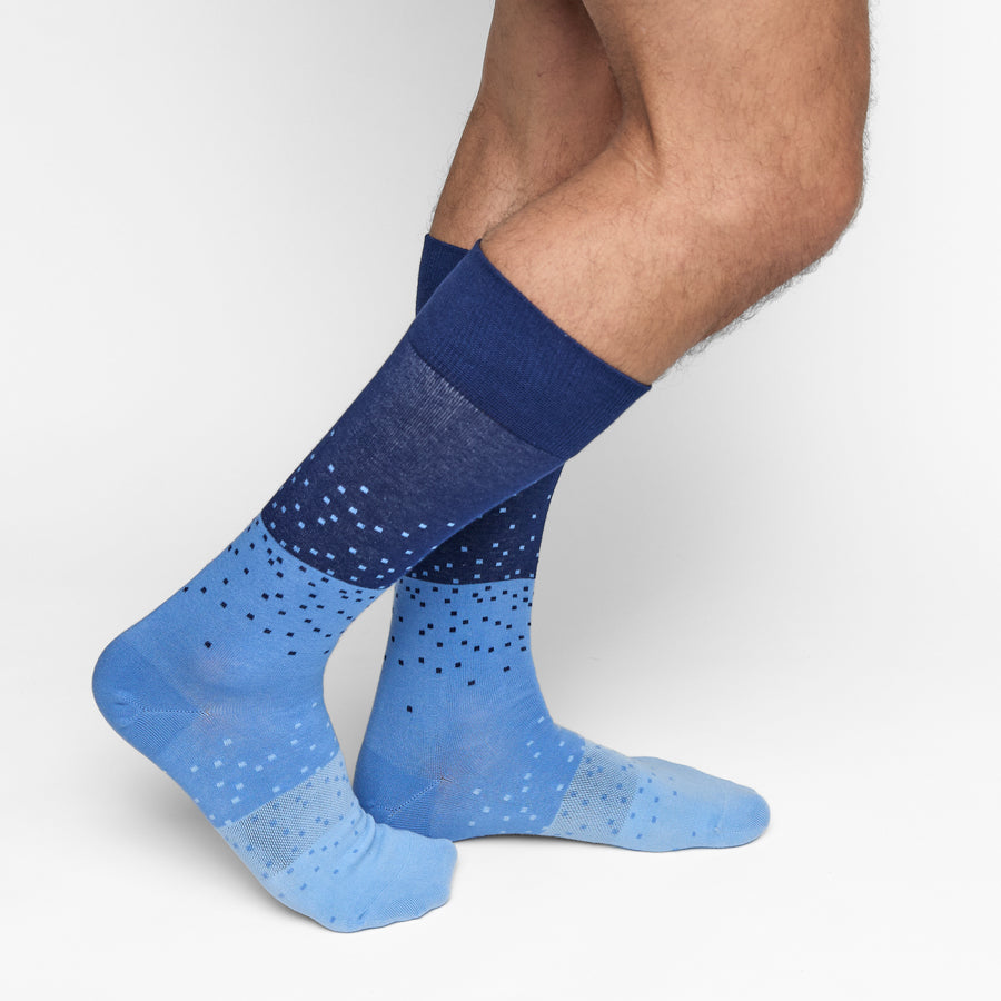 Navy Ombre Dot Dress Socks, gradient blue with scattered dots, DeadSoxy team colorways on Tampa Home & Garden Store