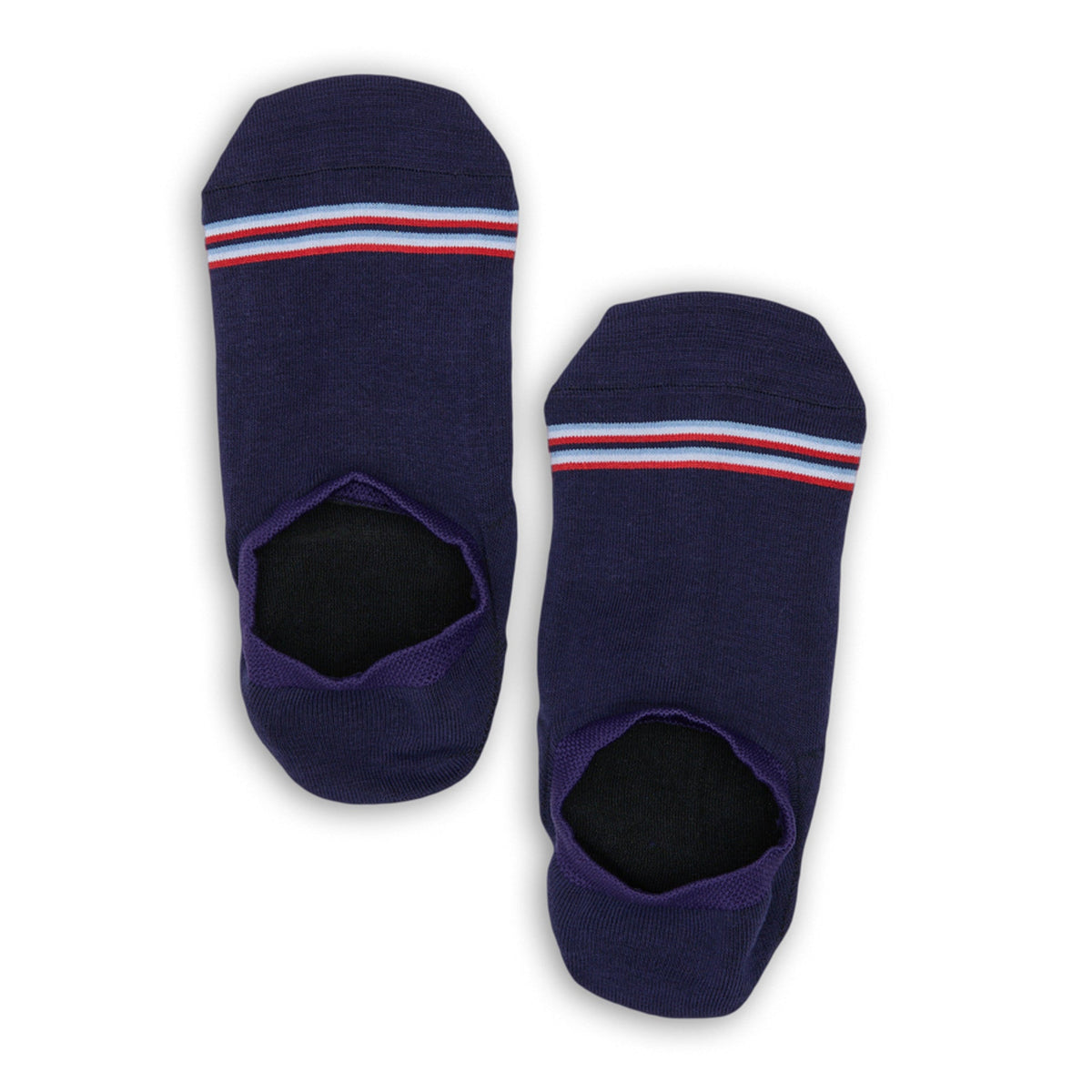DeadSoxy Navy Stripe No Show socks; navy footie socks with red, white and light-blue stripe on Tampa Home & Garden Store
