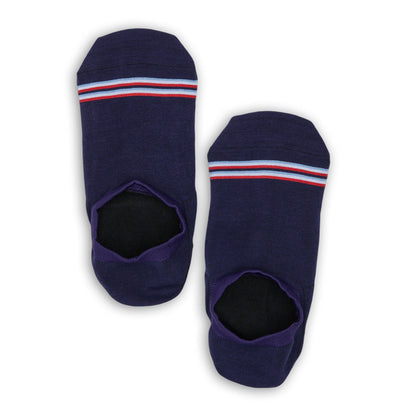 DeadSoxy Navy Stripe No Show socks; navy footie socks with red, white and light-blue stripe on Tampa Home & Garden Store