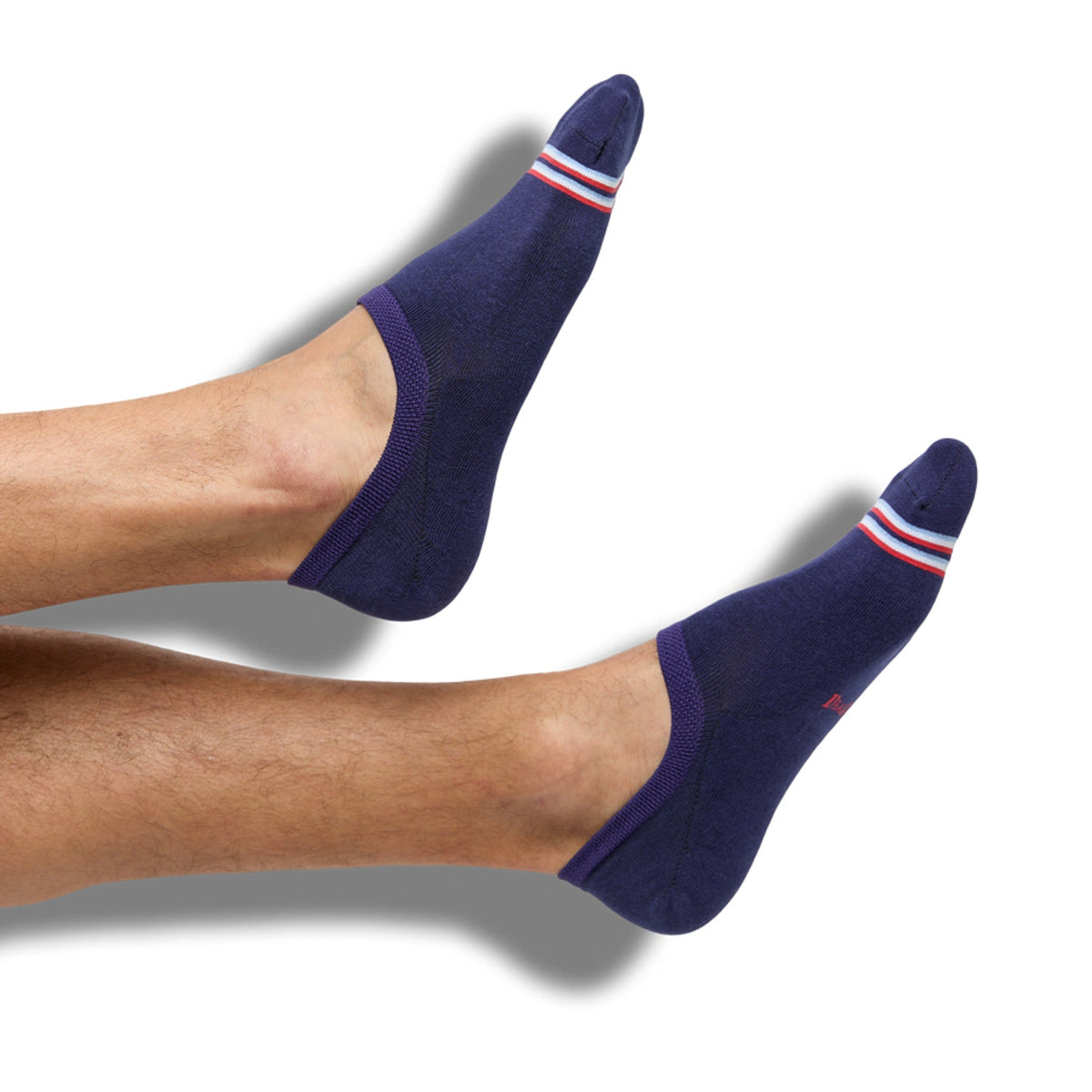 Navy Stripe No Show socks by DeadSoxy, two navy footie socks with red white blue stripe on Tampa Home & Garden Store