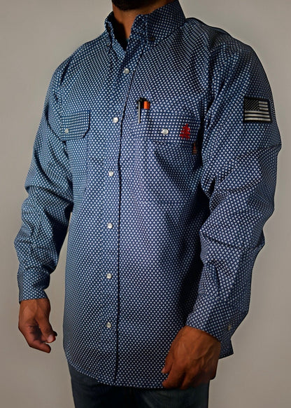 Static FR Pearl Snap Work Shirt Honor Navy with U.S. Flag sleeve patch, blue patterned button-front work top on Tampa Home & Garden Store