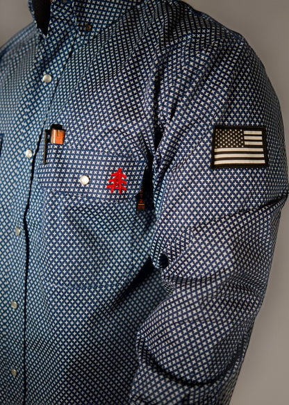 Static FR Pearl Snap Work Shirt Honor Navy with U.S. flag patch on sleeve, white cross pattern, pearl snaps on Tampa Home & Garden Store
