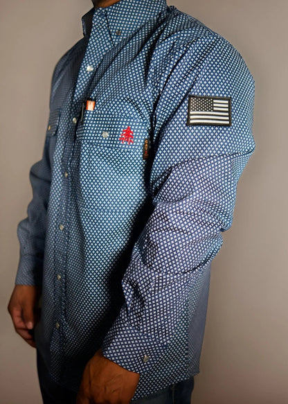 FR Pearl Snap Work Shirt Honor Navy with U.S. flag patch on sleeve and tree logo on chest pocket on Tampa Home & Garden Store
