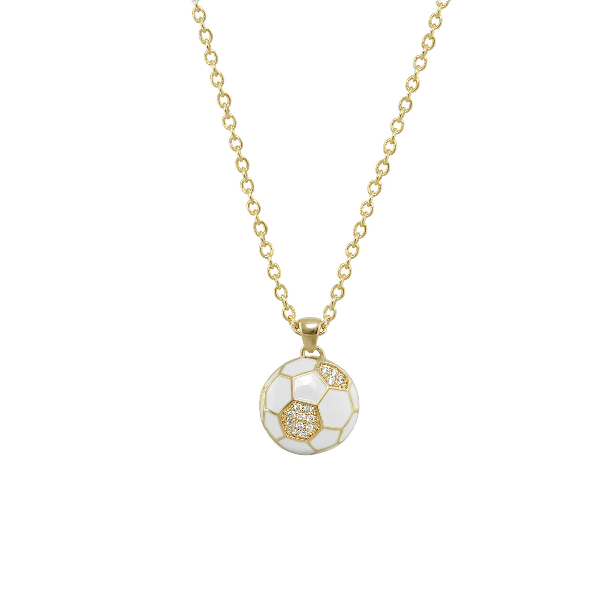 Childrens Pendant Necklace gold tone chain soccer ball pendant with white enamel panels crystals on Tampa Home & Garden Store