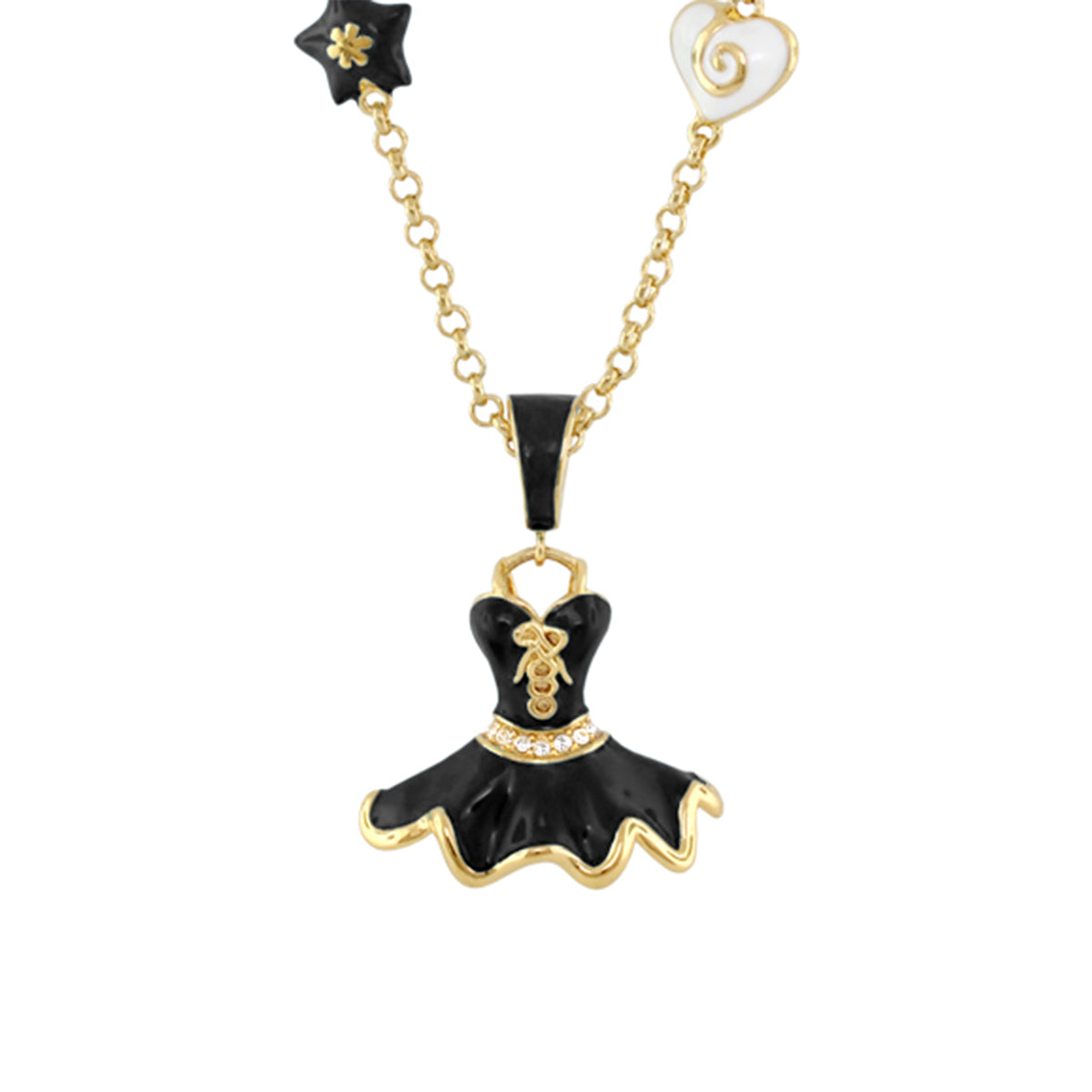 Beautiful Ballet Necklace for girls with black dress pendant, gold trim, belt on a gold chain on Tampa Home & Garden Store