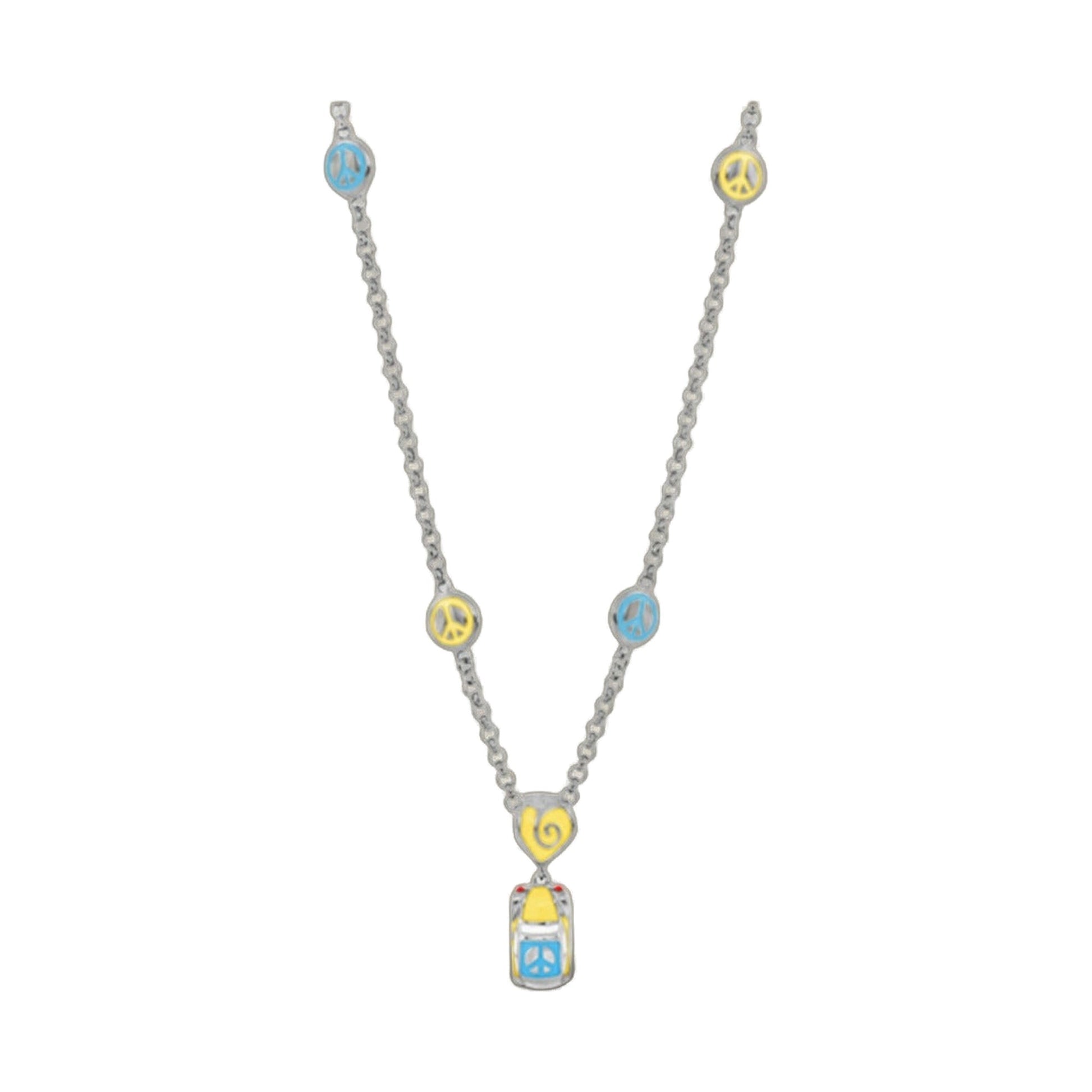 Groovy Pendant Necklace for girls; silver chain with blue and yellow peace sign charms on Tampa Home & Garden Store