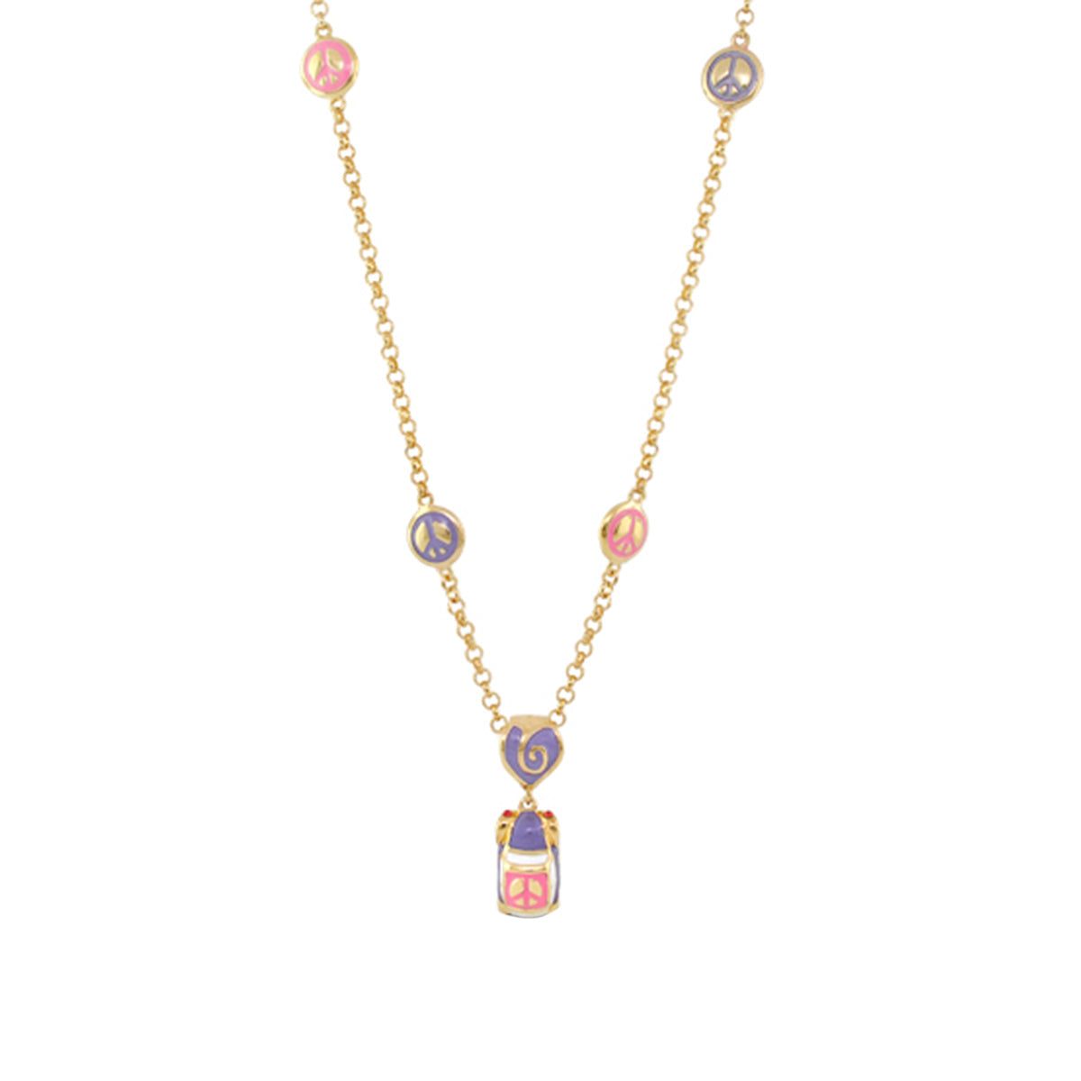 Groovy pendant necklace with gold-tone chain and peace-sign beads, purple heart pendant on Tampa Home & Garden Store
