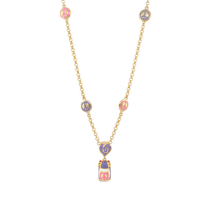 Groovy pendant necklace with gold-tone chain and peace-sign beads, purple heart pendant on Tampa Home & Garden Store