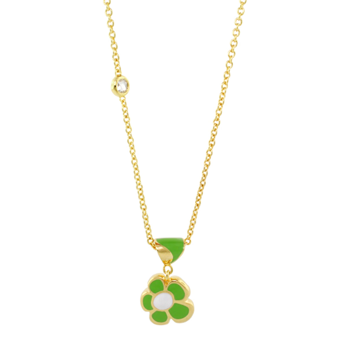 Hu La La Child's Necklace by Lauren G Adams, gold chain with green enamel flower pendant on Tampa Home & Garden Store