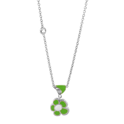Hu La La Child's Necklace by Lauren G Adams, silver chain with green flower pendant and leaf on Tampa Home & Garden Store