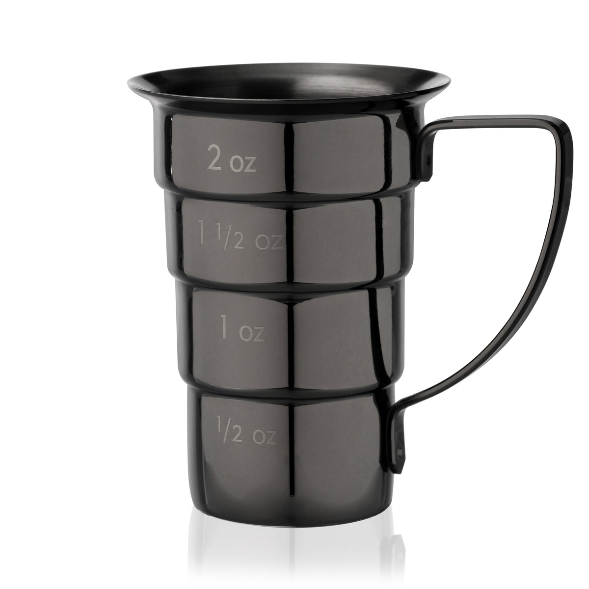 Gunmetal Viski stepped jigger with engraved 2 oz and 1 1/2 oz marks on Tampa Home & Garden Store