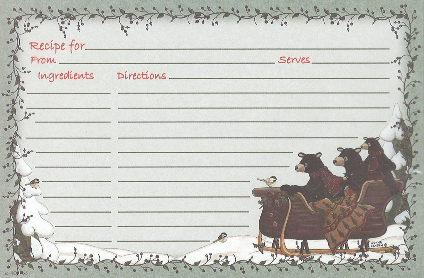 Tarjetas de recetas - 4x6 - Osos en un trineo