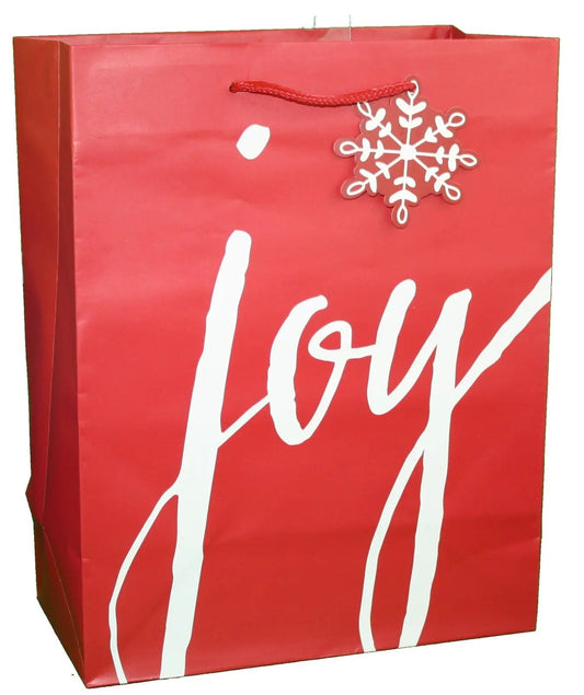 Traditional Lettering Gift Bag Joy Large red bag with white JOY and snowflake tag on Tampa Home & Garden Store
