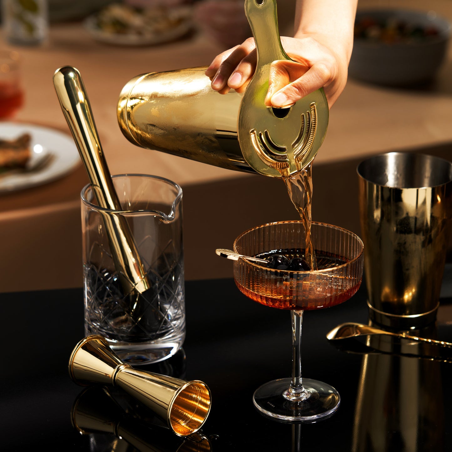 Seven Piece Gold Cocktail Shaker and Bar Set