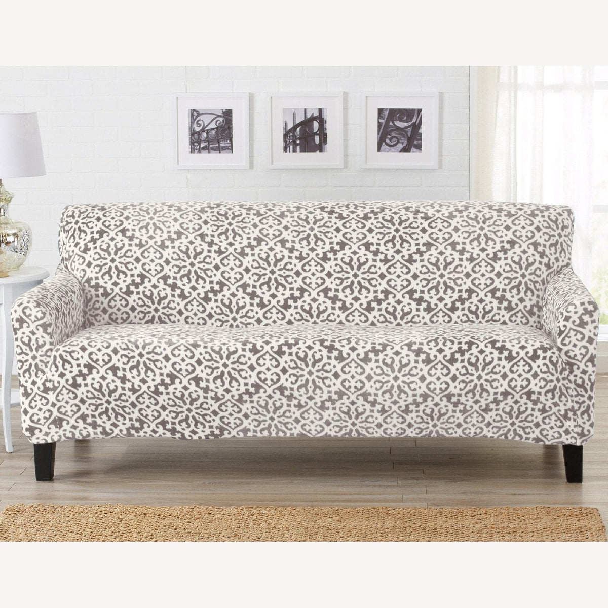 Velvet Stretch Slipcover Gale Collection on sofa with gray damask pattern by Great Bay Home on Tampa Home & Garden Store