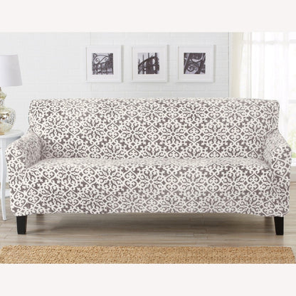 Velvet Stretch Slipcover Gale Collection on sofa with gray damask pattern by Great Bay Home on Tampa Home & Garden Store