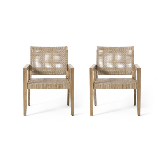 Outdoor wicker and acacia wood club chairs set of 2 in natural tan on Tampa Home & Garden Store