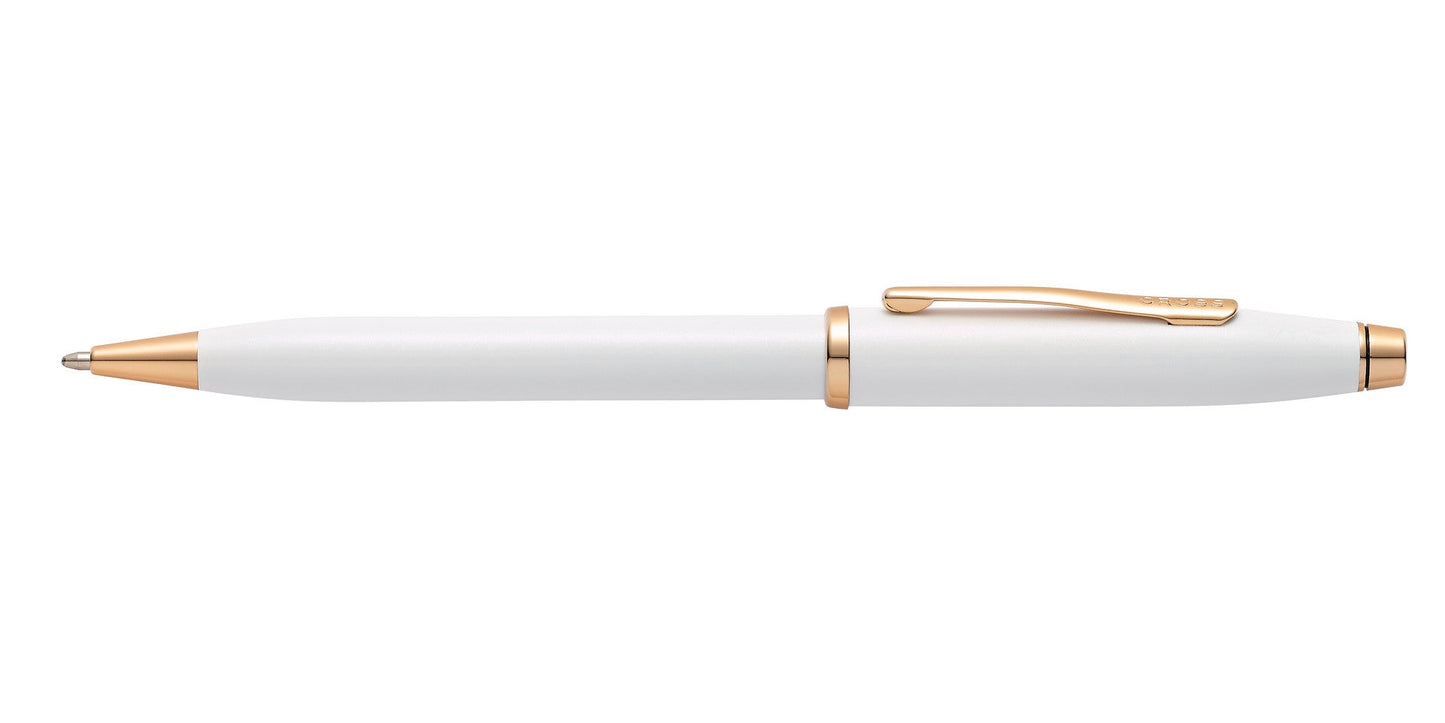 Century II Pearlescent White Lacquer Ballpoint Pen with rose-gold clip and tip by Cross on Tampa Home & Garden Store