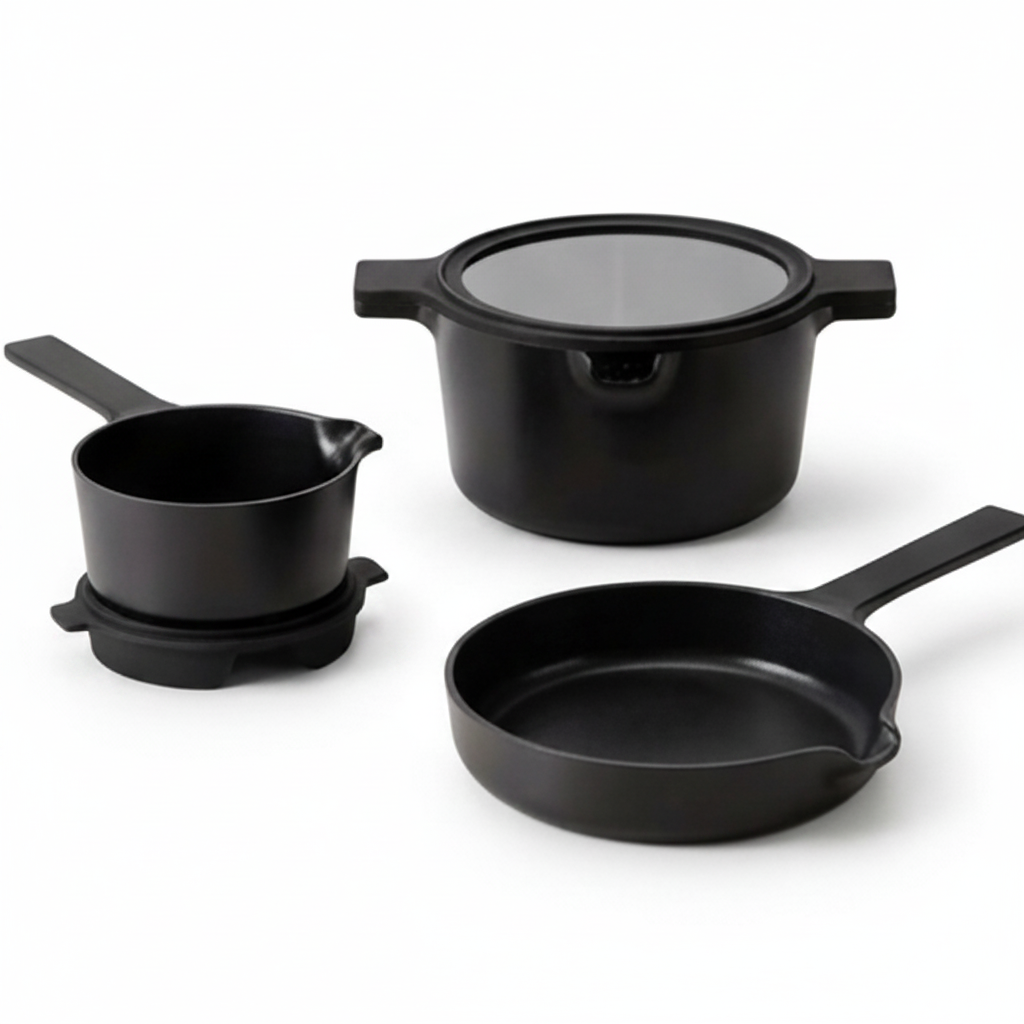 5-Piece Stackable Ceramic Nonstick Cookware Set in black with pot, small pot, and skillet on Tampa Home & Garden Store