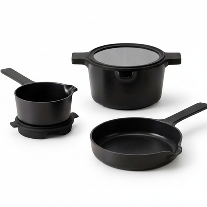 5-Piece Stackable Ceramic Nonstick Cookware Set in black with pot, small pot, and skillet on Tampa Home & Garden Store