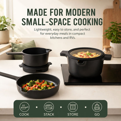 5-Piece Stackable Ceramic Nonstick Set by Alva Cookware, black cookware on counter on Tampa Home & Garden Store
