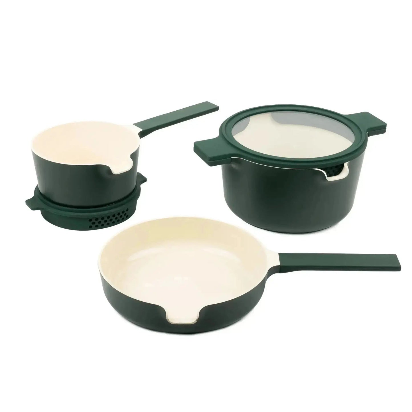 5-Piece Stackable Ceramic Nonstick Set by Alva Cookware in dark green with cream interior on Tampa Home & Garden Store