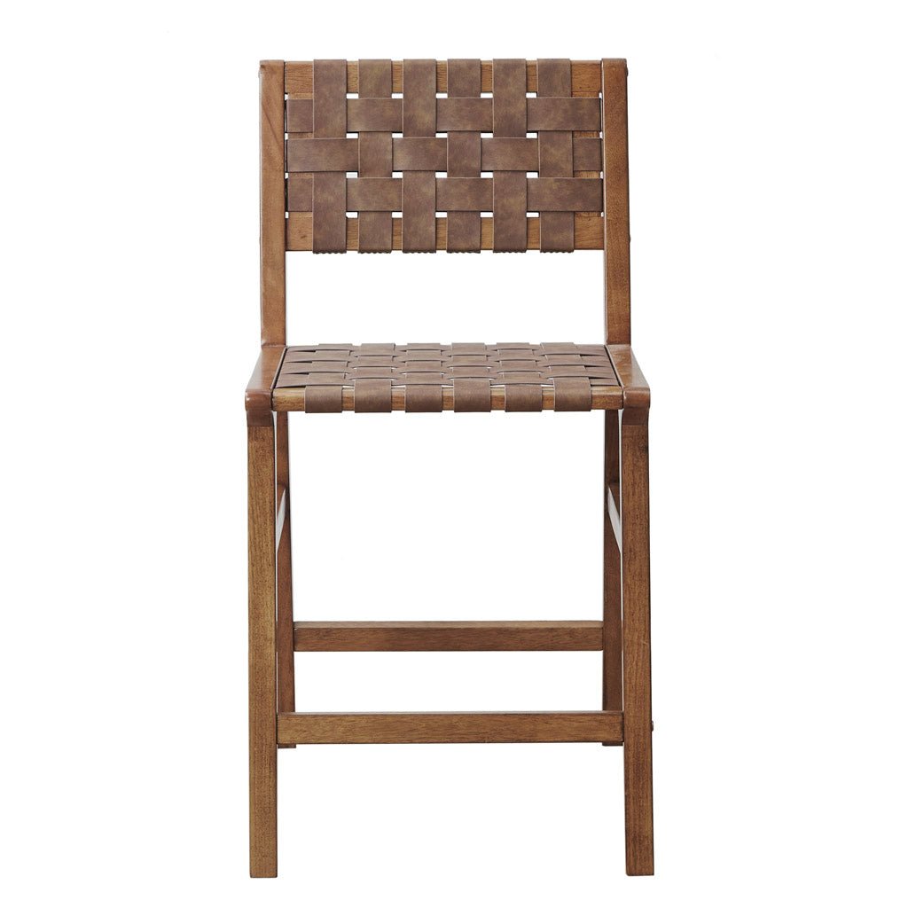 Nebuluxe Faux Leather Woven Counter Stool HouseOfZazla brown wood frame with woven seat and back on Tampa Home & Garden Store