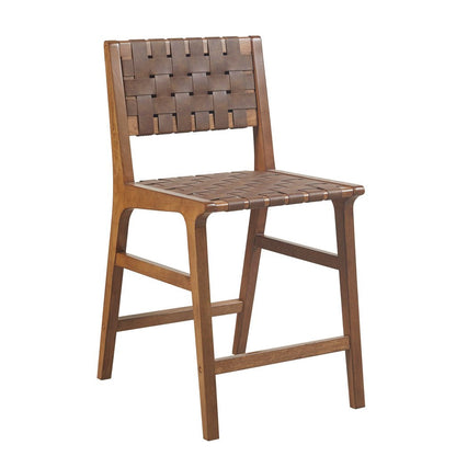 Nebuluxe Faux Leather Woven Counter Stool, brown wood frame with braided seat and back on Tampa Home & Garden Store