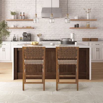Nebuluxe Faux Leather Woven Counter Stool, brown seat and wood frame, HouseOfZazla pair on Tampa Home & Garden Store