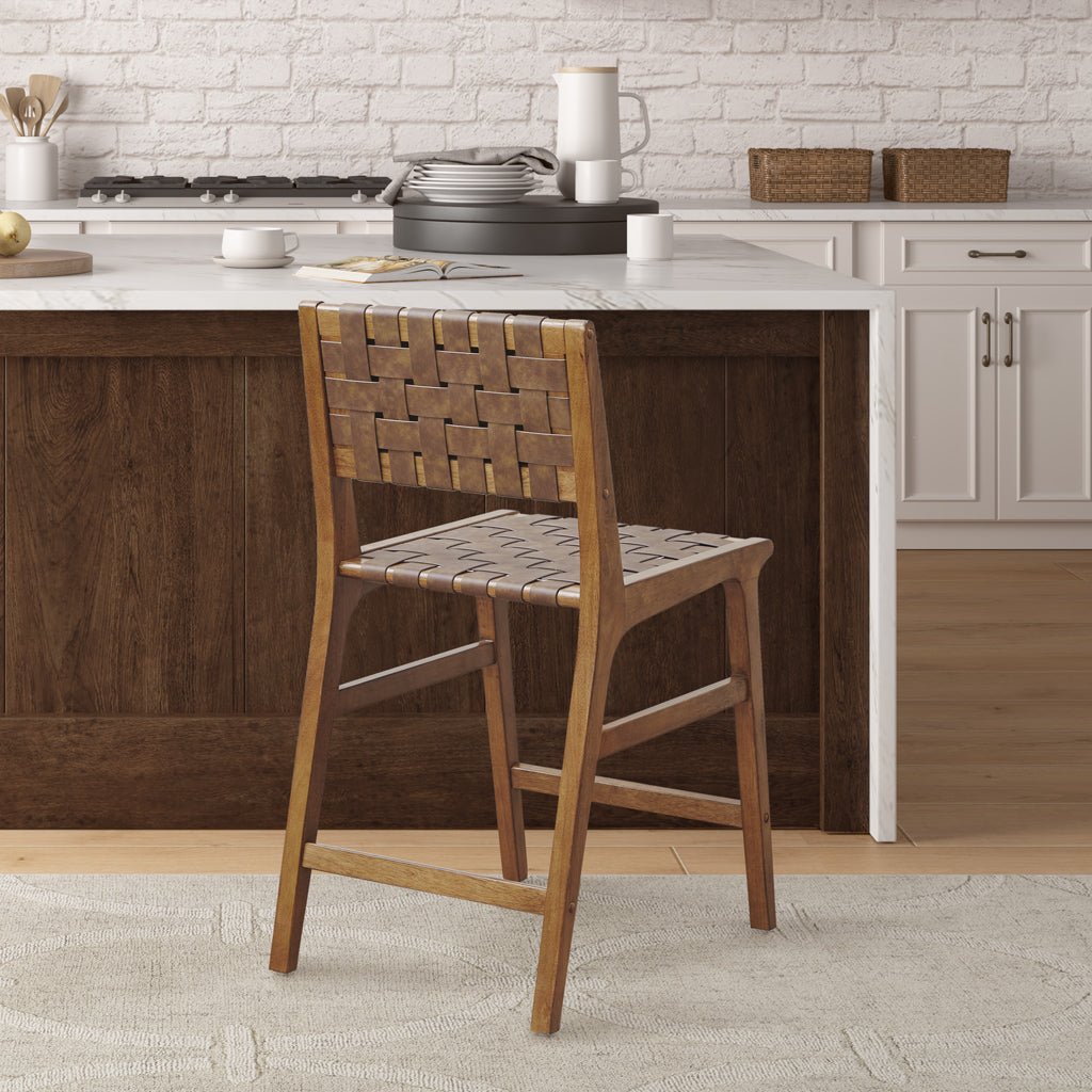 Nebuluxe Faux Leather Woven Counter Stool brown wood frame HouseOfZazla on Tampa Home & Garden Store
