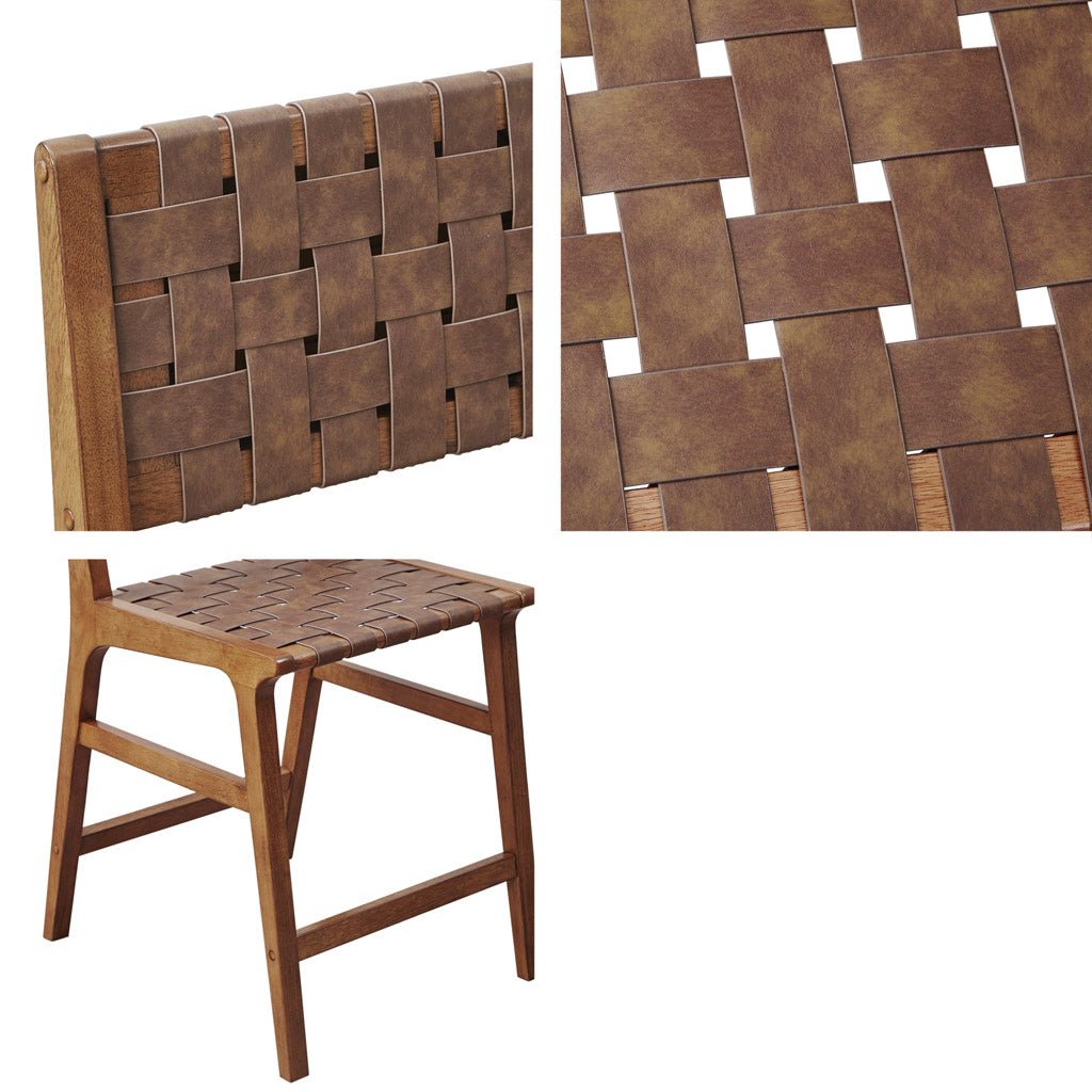 Nebuluxe Faux Leather Woven Counter Stool with brown straps on a warm wood frame HouseOfZazla on Tampa Home & Garden Store