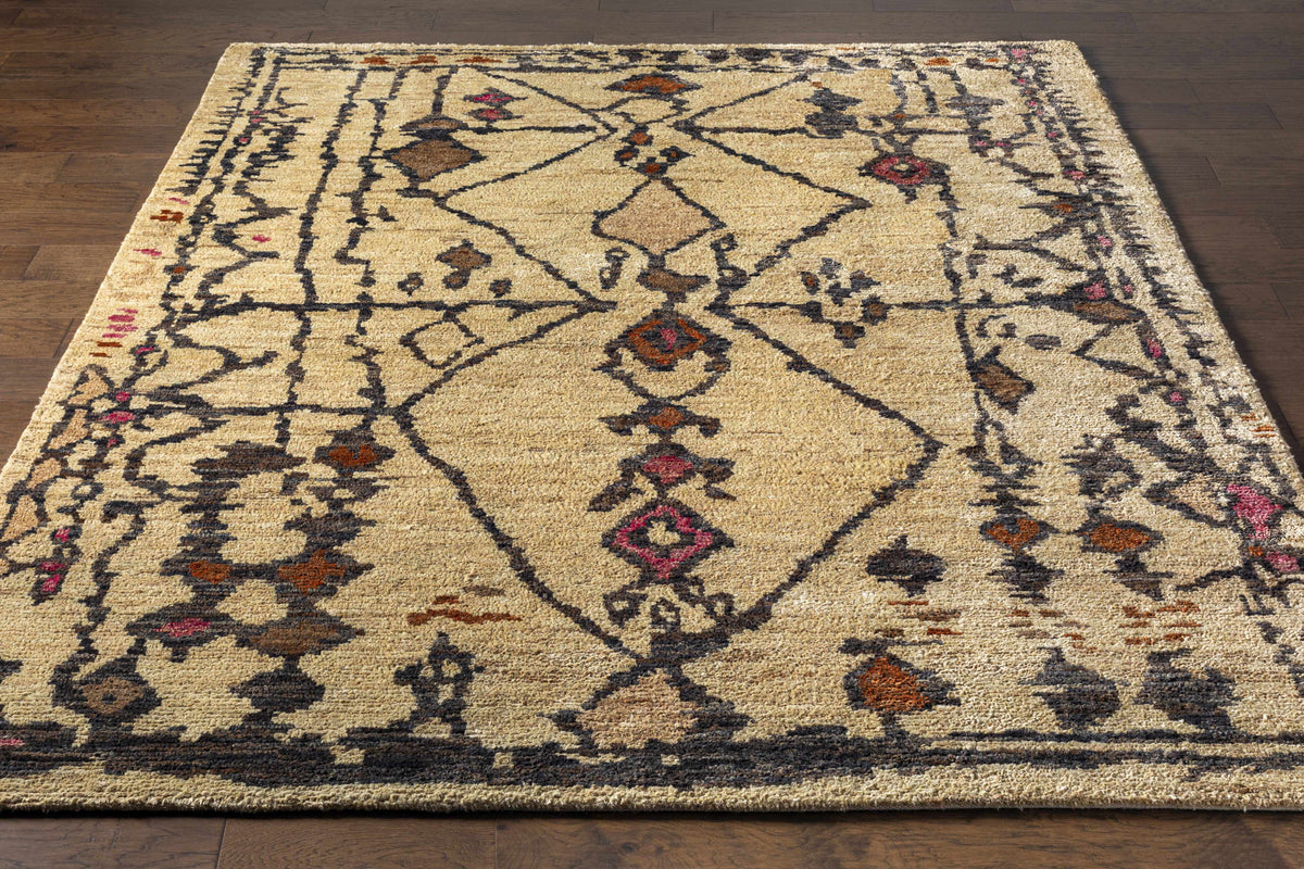 Neeses Premium Jute Rug beige with dark border and burgundy accents by Boutique Rugs on Tampa Home & Garden Store