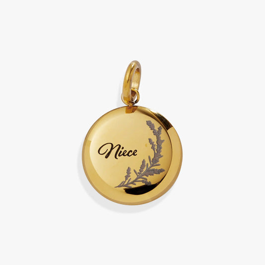 Niece Lavender Disc Charm pendant in gold-tone with lavender sprig motif on Tampa Home & Garden Store