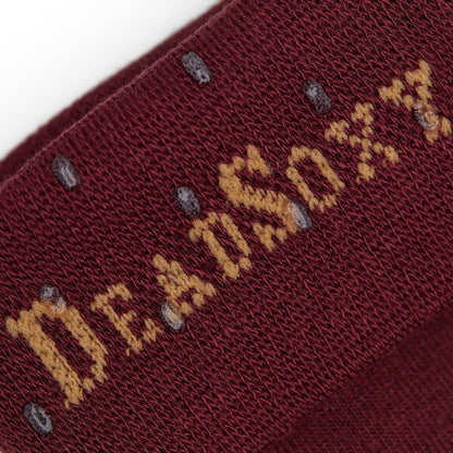 Nelson Dress Socks by DeadSoxy, maroon socks with tan geometric motif and knit texture on Tampa Home & Garden Store