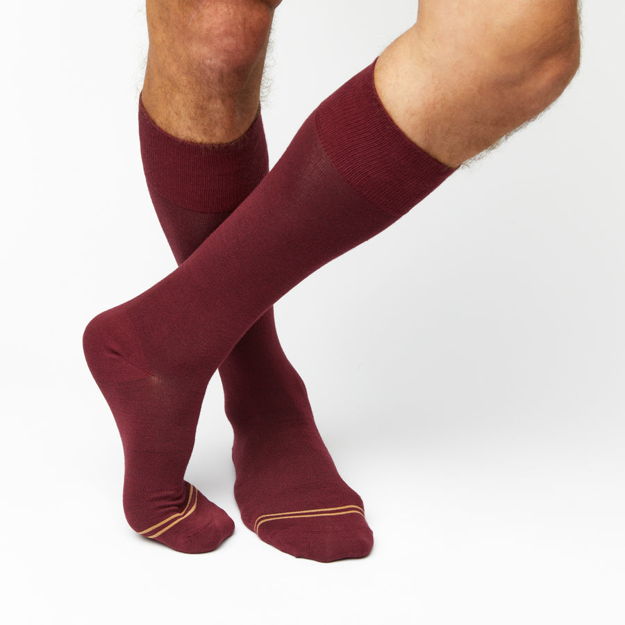 Nelson Dress Socks by DeadSoxy, burgundy boardroom socks, 2-pack with gold toe accents on Tampa Home & Garden Store