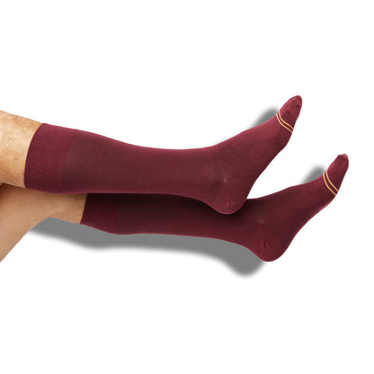 Nelson Dress Socks by DeadSoxy, burgundy boardroom dress socks with gold toe stripes on Tampa Home & Garden Store