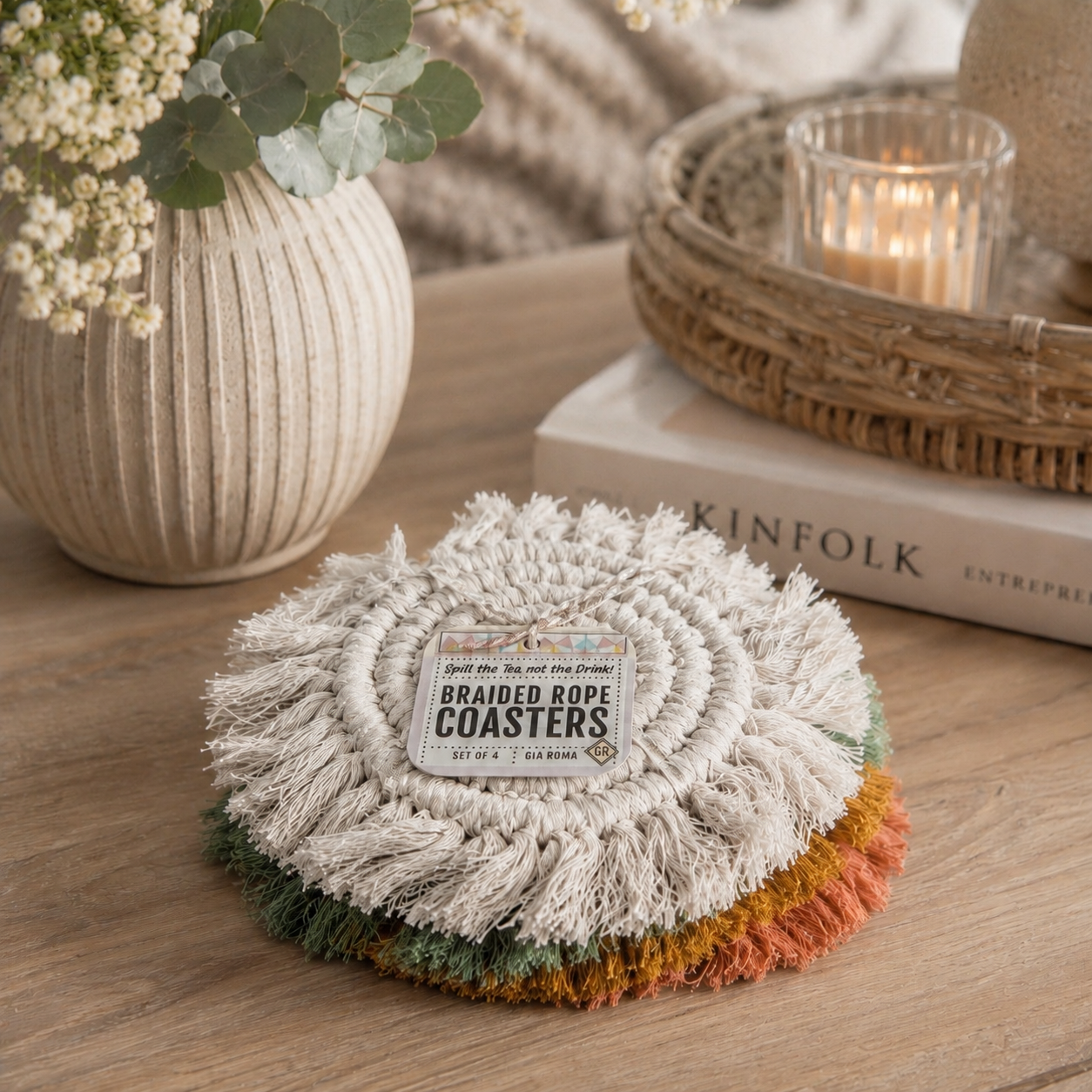 Sous-verres tressés à pompons pastel