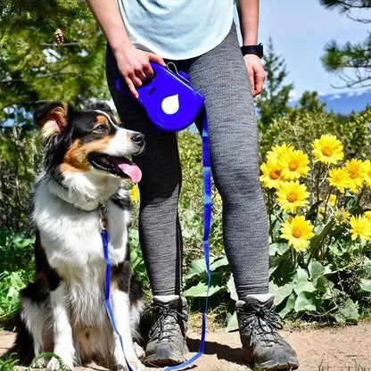 Leash with Water Bottle and Waste Bag Dispenser Stevvex blue dog on hike beside sunflowers on Tampa Home & Garden Store