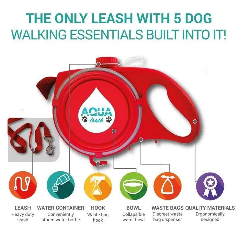 Leash with Water Bottle and Waste Bag Dispenser Stevvex red color, integrated bottle on Tampa Home & Garden Store