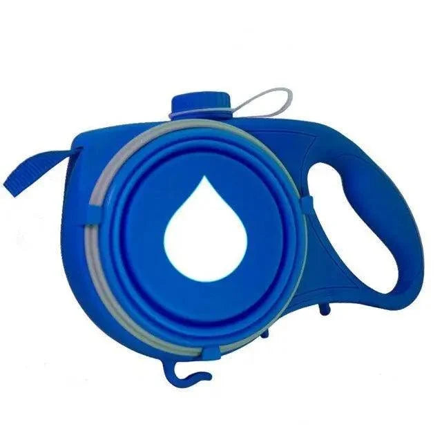 Stevvex blue retractable leash with built-in water bottle and waste bag dispenser for pets on Tampa Home & Garden Store