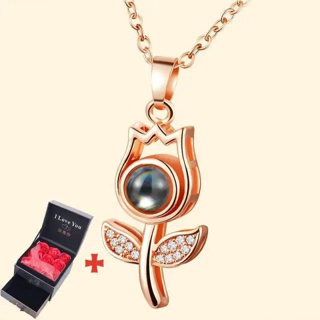 Stevvex rose gold pendant necklace with dark center stone, crystal leaves, and gift box on Tampa Home & Garden Store