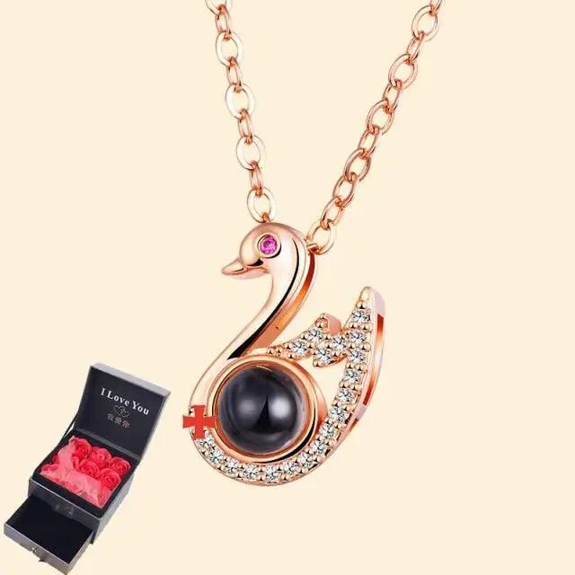 Swan pendant necklace Stevvex rose gold with crystal pavé and black center stone box with roses on Tampa Home & Garden Store