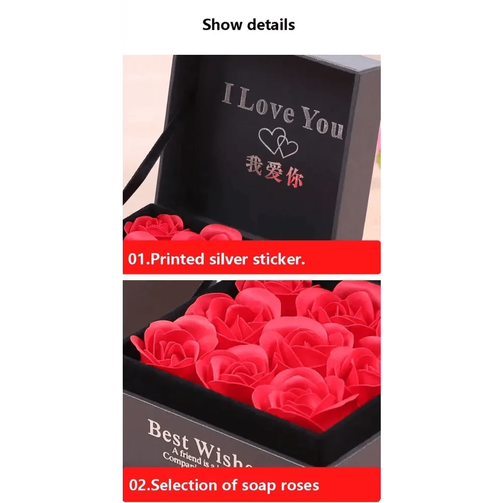 Stevvex black gift box with lid; I Love You sticker and red rose soaps on Tampa Home & Garden Store
