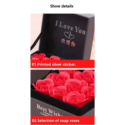Stevvex black gift box with lid; I Love You sticker and red rose soaps on Tampa Home & Garden Store