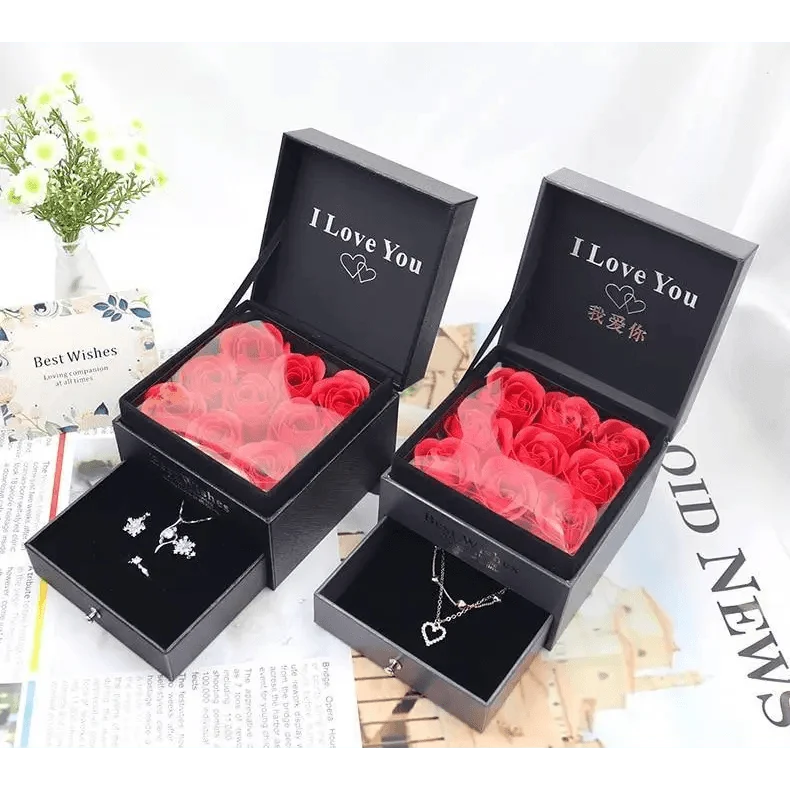 Stevvex black gift jewelry boxes, two boxes red rose inserts and heart necklace, I Love You lid on Tampa Home & Garden Store