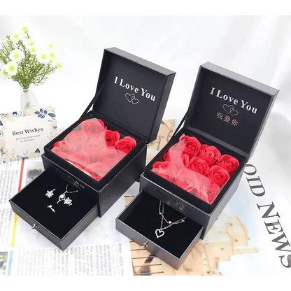 Stevvex black gift jewelry boxes, two boxes red rose inserts and heart necklace, I Love You lid on Tampa Home & Garden Store