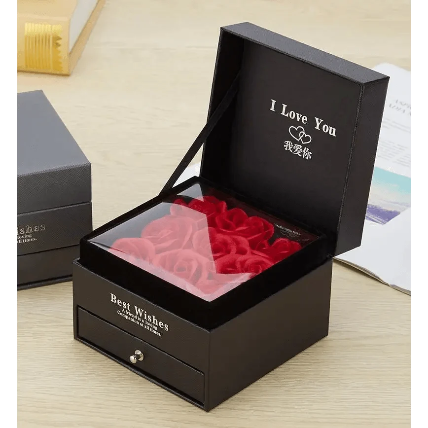 Stevvex black gift jewelry box with lid and clear window showing red roses; Best Wishes on Tampa Home & Garden Store