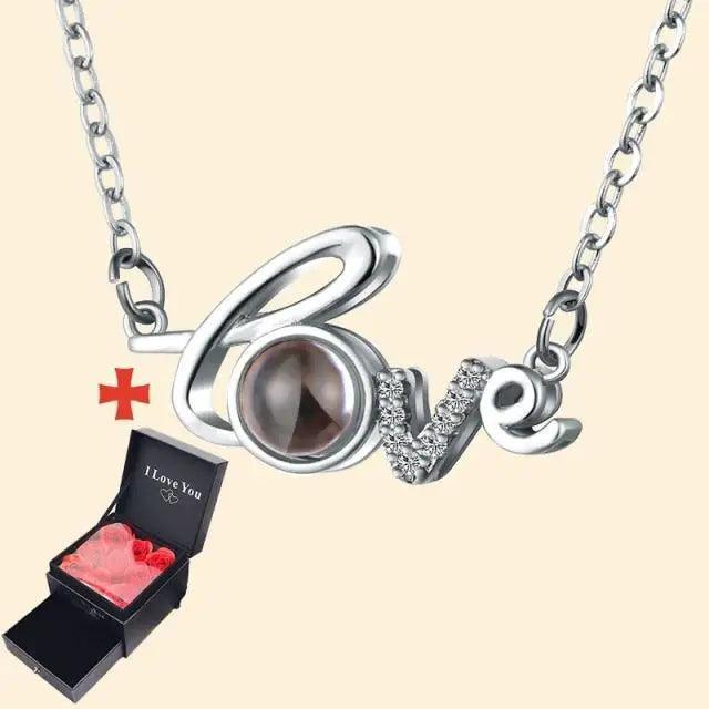 Stevvex Love necklace with crystal charm and gemstone center, gift box with pink petals on Tampa Home & Garden Store
