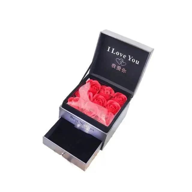 Stevvex rose gift box with lid, silver case, pink roses in black tray, I Love You lid on Tampa Home & Garden Store